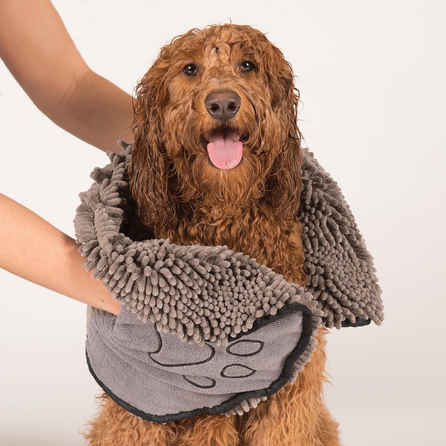 the Dirty Dog Shammy - Fast Drying Dog Bath Towel - Plush Shammy Towel for Dog with Dual Hand Pockets and Elastic - Super Absorbent Microfiber and Machine Washable - Grey